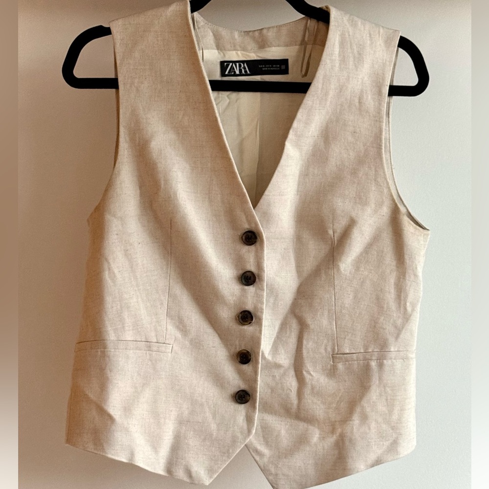 Zara Light Tan Linen Buttoned Vest
